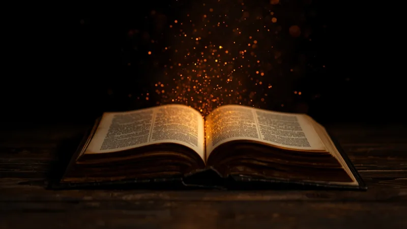 Livro antigo aberto com luz saindo das páginas